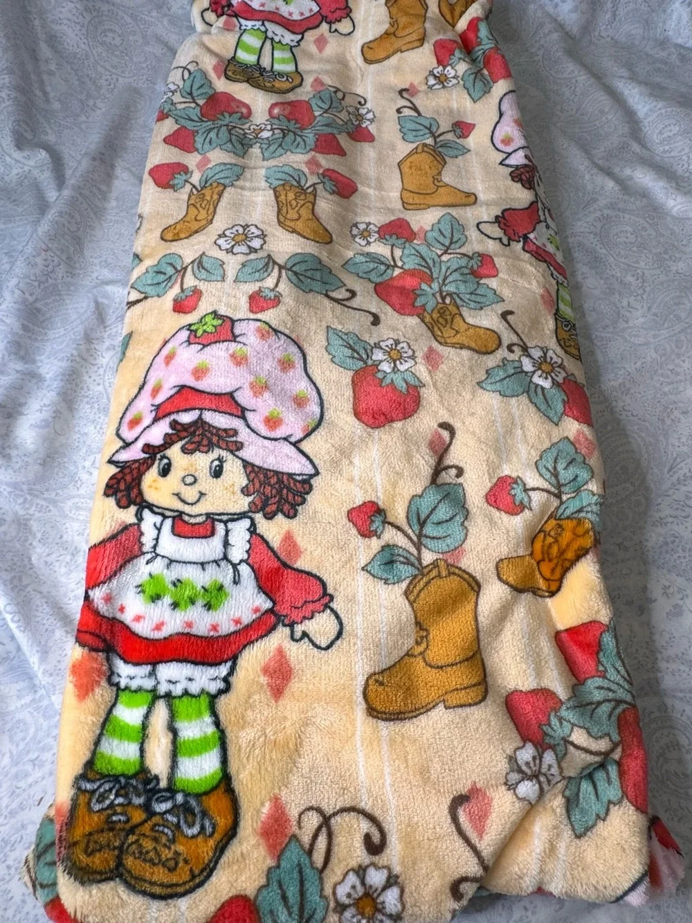 Strawberry Shortcake Plush Throw Blanket - Pale Orange with Boots & Strawberries
